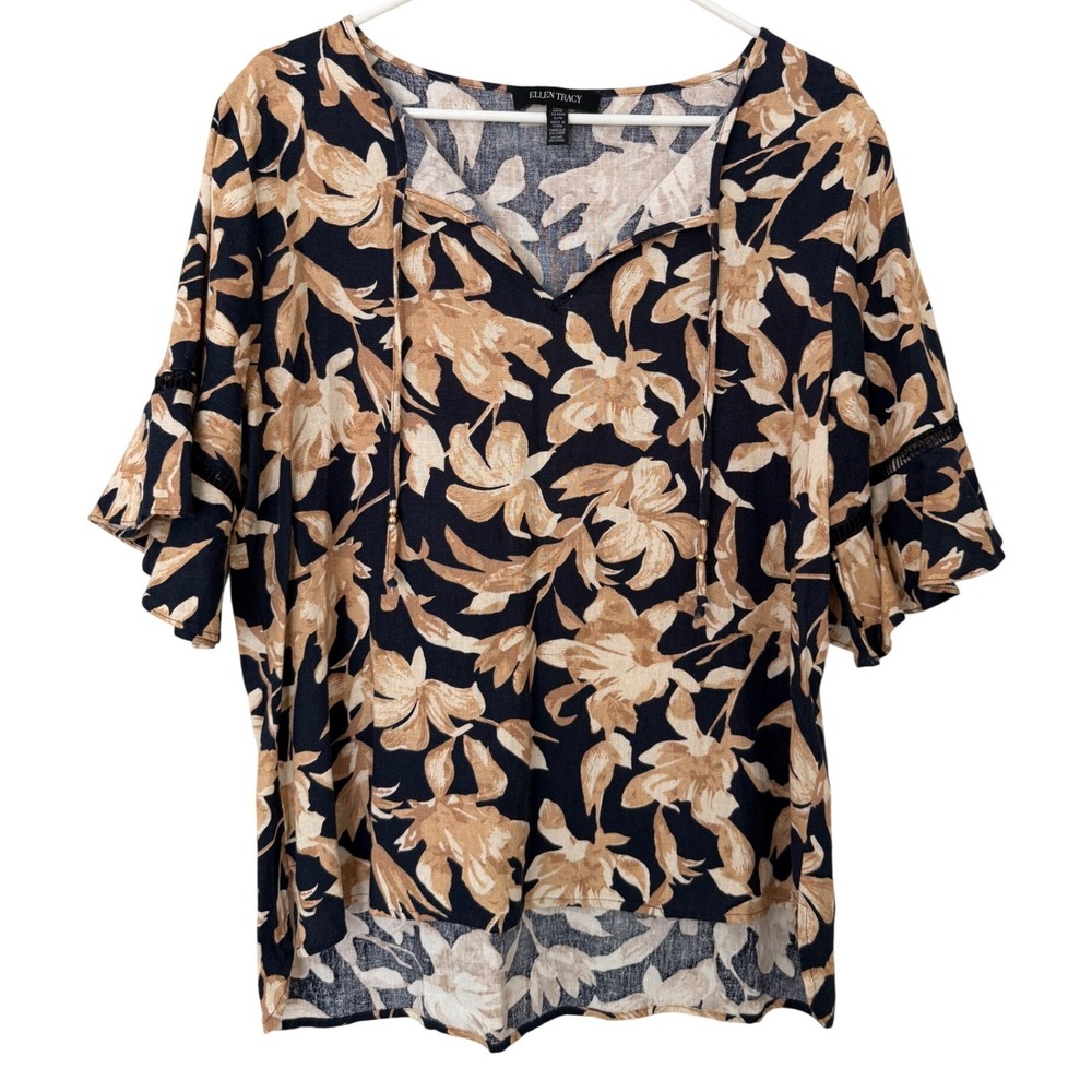 Ellen Tracy Womens Medium Linen Blend Floral V-Neck Ruffle Sleeve Blouse Navy
